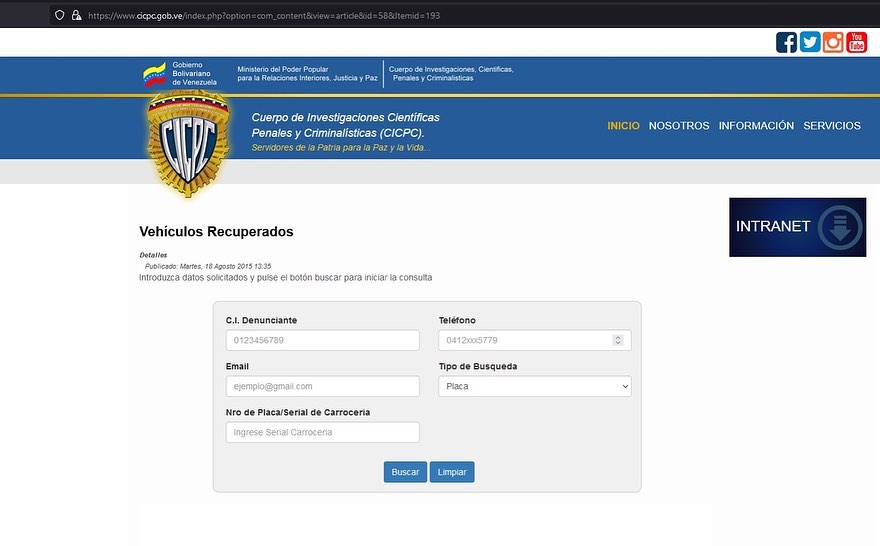 Esta es la web donde se podrán verificar los carros que han sido recuperados por el Cicpc