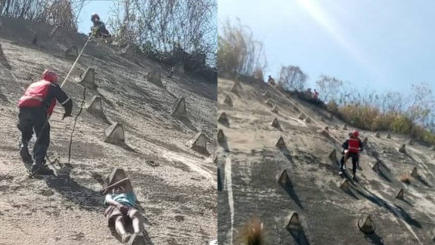 EN VIDEO: Rescatan a niño atrapado en un muro de contención, supuestamente habría caído de una de las casas de Roca Tarpeya